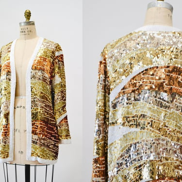 80s 90s Vintage Gold White Sequin Jacket Medium Animal Zebra Stripe// 90s Metallic Gold Sequin Beaded Wedding Party Jacket New Years jacket 