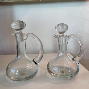 Vintage Romanian Turda Glass Cruet Bottle Set of 2 | Elegant Cruet Bottles with Handle Stopper 
