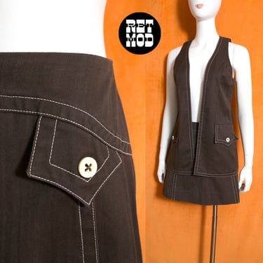 Cute Vintage 60s 70s Brown Topstitch Long Vest & Skort Set by Junior House 