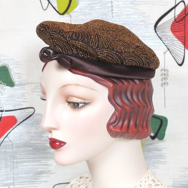 Roguish MARCHE Vintage 50s Copper Bead Beret . Collectible  label . Yumm Chocolate Brown Satin Brim & Crown . Art Deco Faceted Bead Design . 