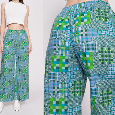 70s Checkered Geometric Print Pants Small to Medium | Vintage High Waisted Blue Green Handmade Cotton Lounge Pants 