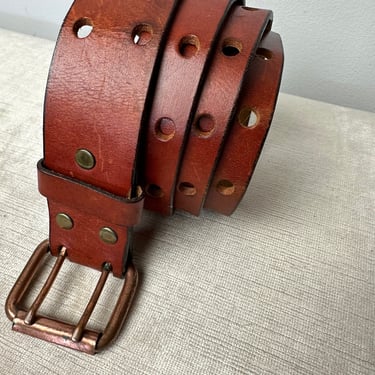 vintage 60’s wide leather belt~ eyelets Rust brown/ double tooth Rock n Roll style ~ gender neutral snap on/ off buckle/ size 