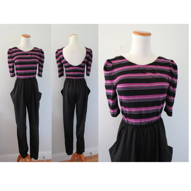 Vintage 80s Jumpsuit Women's Black & Purple Striped Knit Romper - Size Small 