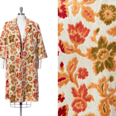 Vintage 1960s Swing Coat | 60s Floral Chenille Velvet Tapestry Carpet Coat Open Fit Colorful Cream Orange Overcoat (small/medium/large) 