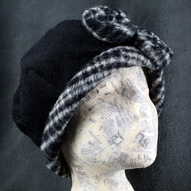 Classic Wool Bubble Pillbox Hat - Black Wool with Houndstooth Edging and Purple Satin Lining - Winter Fashion - 21