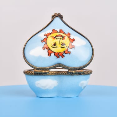 Limoges France Petit Main Porcelain Trinket Box, Heart-Shaped Box With Sun In The Clouds, Floral Motifs 