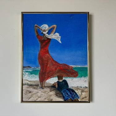 1992 Deborah Figurative Beach Scene Oil On Canvas Painting, Framed 