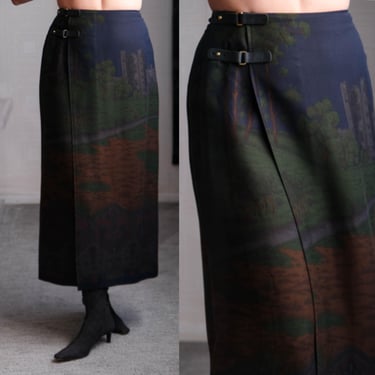 Vintage LAUREN by RALPH LAUREN Chateau Country Estate Print Wrap Skirt w/ Leather Buckles | Rayon/Wool Gabardine | Y2K 2000s Designer Skirt 