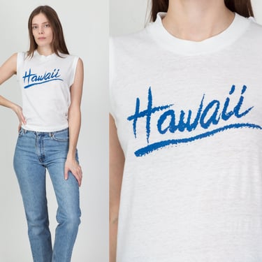 80s Hawaii Muscle Tee - Small | Vintage White Graphic Tourist Tank Top 