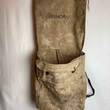 Vintage WW 1 Military backpack feed sack look leather & canvas~ distressed with lots of character large authentic interesting 