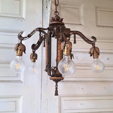 1930s Antique Polychrome Bare Bulb Chandelier with Painted Flower Detailing, Antique Gold Chandelier Red Accents, 032601 