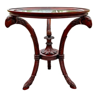 Carved Mahogany Rams Head Glass Top Accent Table 