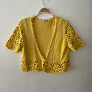 Vintage 90s Yellow Cropped Cardigan Crochet Size S/M 