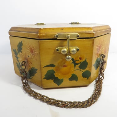 Vintage Wood Octagon Purse Handbag Painted Strawberrie 