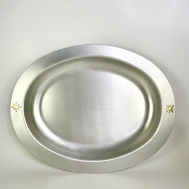 Rare Mid Century Modern Vintage Mirro Medallion Starburst Oval Platter Aluminum