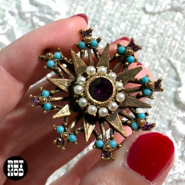 Unique Vintage Star Shaped Brooch with Purple Rhinestone, Turquoise Colored Bits & Pearls 