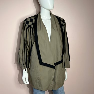 Vtg 80s Black and Green Cotton Fringe Jacket 