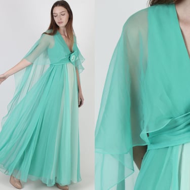 Long Grecian Goddess Disco Dress / Vintage 70s Thin MInt Chiffon Capelet / Flowy Disco Party Maxi Dress 