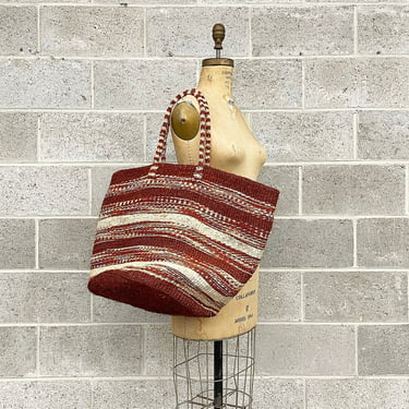Vintage Sisal Tote Bag Retro 1990s Hand Woven + Straw + Extra Large + Sienna and Beige + Shopper + Market + Beach Bag + Bohemian + Accessory 