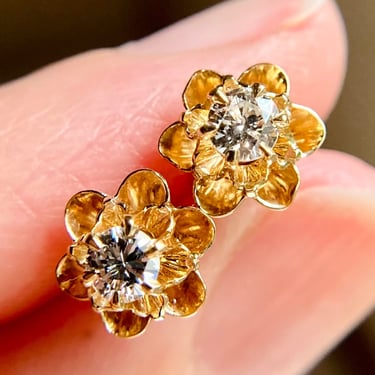 Vintage 14K Yellow Gold Buttercup .30 ct Diamond Stud Earrings, Estate Retro 