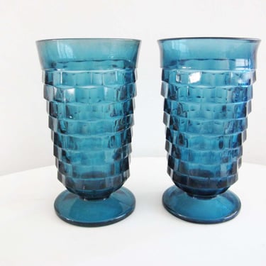 Vintage Whitehall Cube Riviera Blue Tall Glass Tumblers set of 2 - 1970s Dark Blue Faceted Glass Dinner Party Drink Wine Goblets 