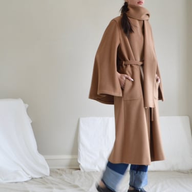 wool camel cape coat with attached scarf 