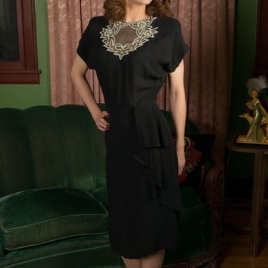 1940s Dress - Saucy Vintage 40s Noir Black Rayon Waterfall Ruffle Cocktail Dress with Sheer Beaded and Sequined Neckline 