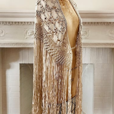Vintage Cream Shawl or Wrap Silk Knit with Long Fringe and Openwork Lace - Neo-Edwardian 