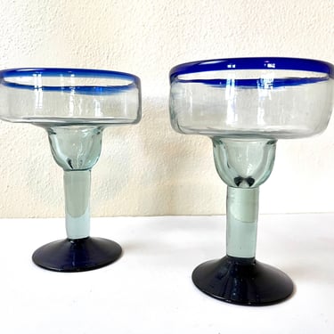 Vintage 1990 Pair of Hand Blown Margarita Glasses Made in Mexico 