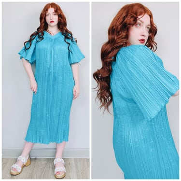 1990s Vintage Bobbie Brooks Turquoise Pleated Dress / 90s Flared Grecian House Dress / One Size 
