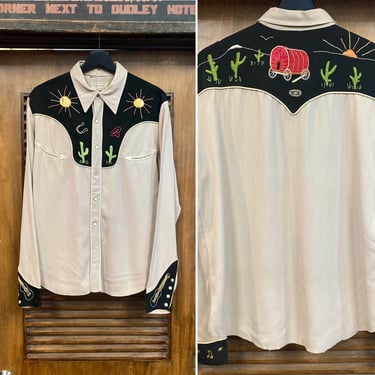 Vintage 1950’s “H Bar C” Amazing Western Cowboy Rodeo Gabardine Rockabilly Shirt, 50’s Embroidery, Vintage Clothing 