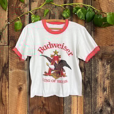 Vintage 70s 80s Budweiser King of Beers Classic Eagle ringer t shirt cropped size M 