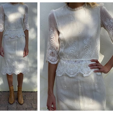 Vintage Lace Dress set / 1960's White Lace Pencil Skirt and Peplum Blouse Set  / Garden Party / Crochet Top and Skirt 
