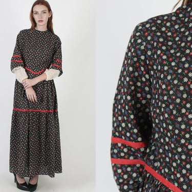 70s Black Pilgrim Style Dress / Americana Inspired Homespun Clothing / Womens Farm Life Chore Work Maxi 