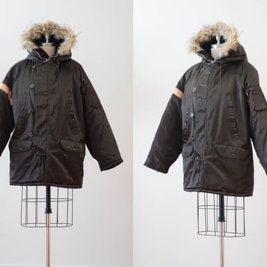 men's vintage workwear jacket | 60s 70s vintage Golden Fleece brown satin heavy hooded coyote fur trimmed coat 