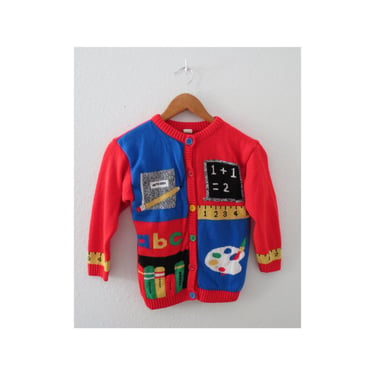 Vintage Girls Cardigan Sweater Back to School Novelty Acrylic Knit First Day Outfit 90s 1990s Size 6X 