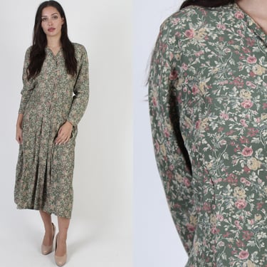 Laura Ashley Designer Vintage Sage Flower Print Dress, Button Up Loose Fitting Summer Sundress 