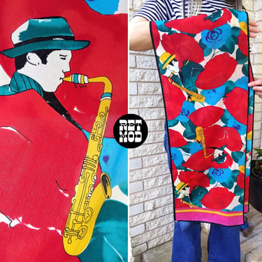 Ridiculous Vintage Silk Scarf with Red Flowers and Saxophone Men 