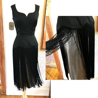Sexy 1950's Bombshell Cocktail Party Dress with Black fringe over Silver Lurex size Small 