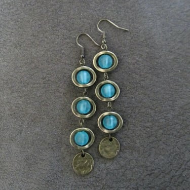 Long bohemian teal frosted glass and bronze earrings 