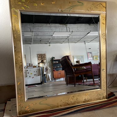 Vintage La Barge Chinoiserie Reverse Hand-Painted Gilt Mirror Signed Harriet Jansma, 1983