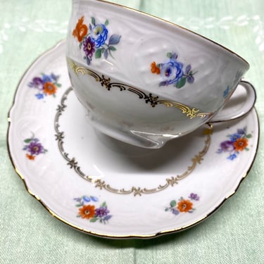 Sale~ 12 Bavaria Schumann Vintage US Zone Germany Tea Cup & Saucer Set 24 pc~ Petite Floral White Embossed Vintage Tea Set- Fine Bone China 