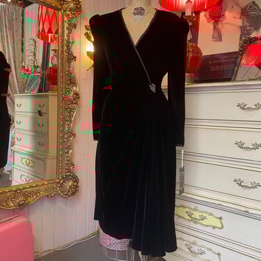 Vintage 1980s black velvet Victor Costa cocktail dress wrap draped rhinestone m 