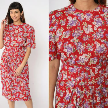 90s Floral Midi Dress Red Puff Sleeve Dress Boho Garden Party Flower Print High Elastic Waist Pleated Sheath Vintage 1990s Medium 8 