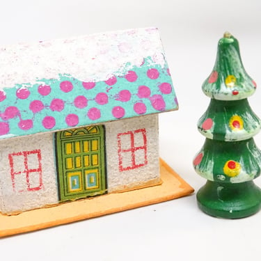 Vintage Glittered Cardboard Snow Covered  Christmas House with Hand Painted Wooden Tree, Antique Holiday Decor 