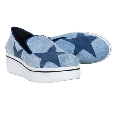 Stella McCartney - Blue Denim Chambray Star Print Platform Loafers Sz 11