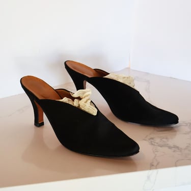 Vintage CHANTAL THOMASS Black Satin Pump with Interior Ruffle Sock Detail Sz 41 Ruched Slingback Mules 90s Minimal 