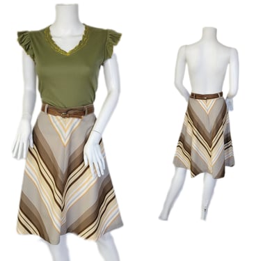 1970's Brown Chevron Stripe A -Line Poly Skirt I Sz Med 