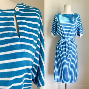 Vintage 1980s Blue & White Striped Jersey Dress / S 