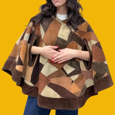 Vintage Poncho Retro 1970s Handmade + Patchwork + Suede Leather + Brown + Tan + Neutrals + Cape + Bohemian + One Size + Womens Apparel 